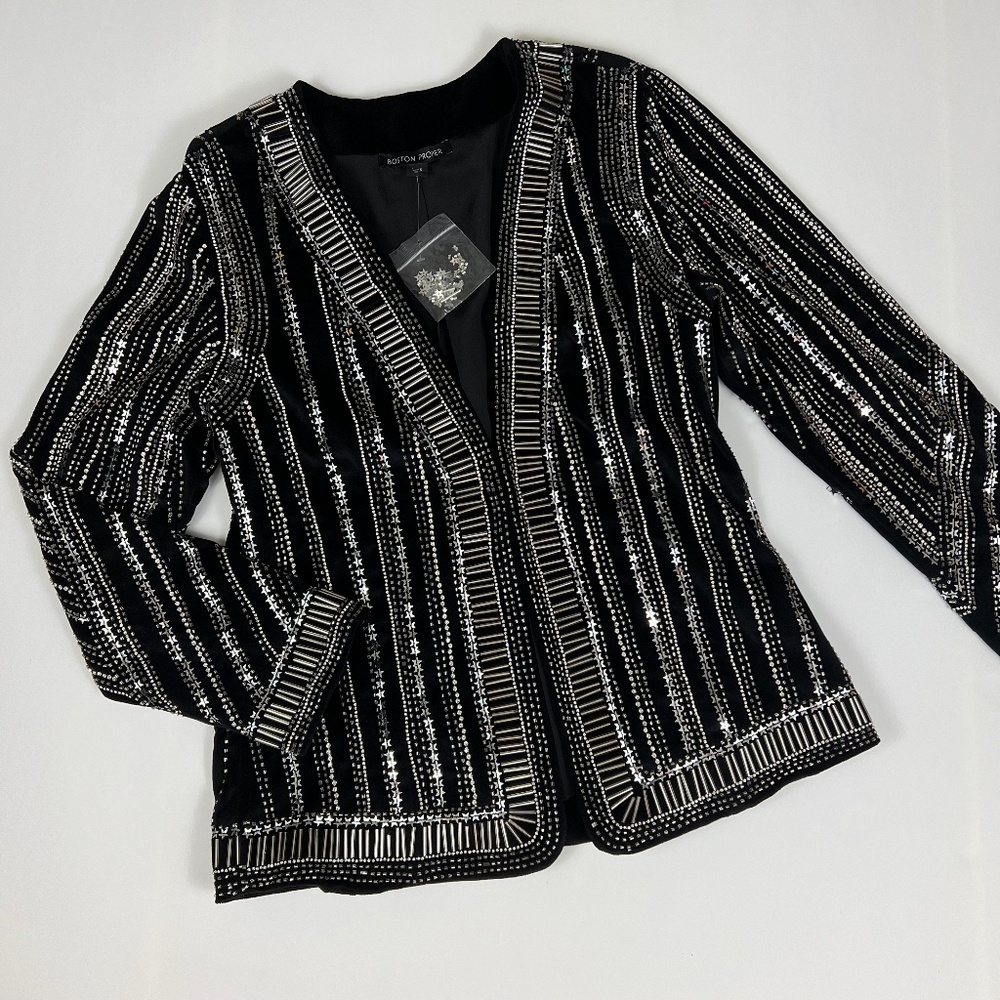 Boston Proper Star Sequin Jacket Women's Small Blazer Bedazzled Cocktail Outfit
